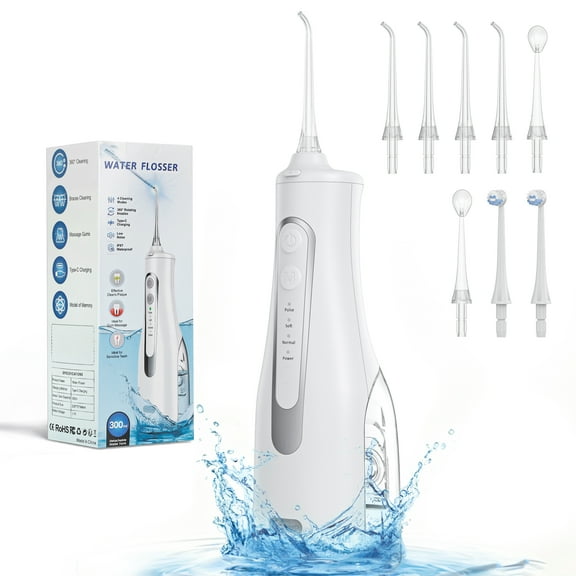 Cshidworld Water Flosser with Large Capacity 300ML Tank, Rechargeable Portable Oral Teeth Cleaner, Professional Water Flosser for Home and Travel, Rechargeable Electric Water Flosser with 8 Jets