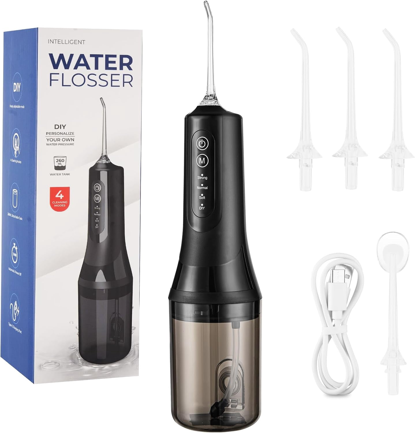 Water Flosser for Teeth Cordless: 260ML Portable Oral Irrigator with DIY Strength for Daily Oral and Braces Care, 4 Modes & 5 Jet Tips, 40-Day Battery, IPX7 Waterproof Dental Flosser for Home