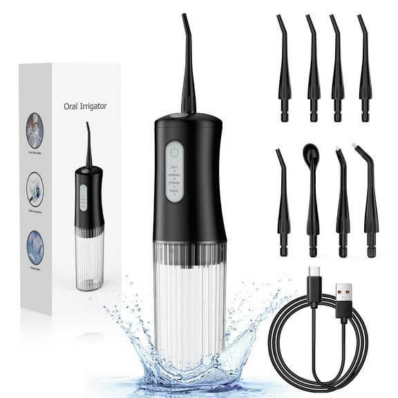 Water Flosser, Cordless Oral Irrigator, 4 Modes, 8 Tips, IPX7 Waterproof, Black