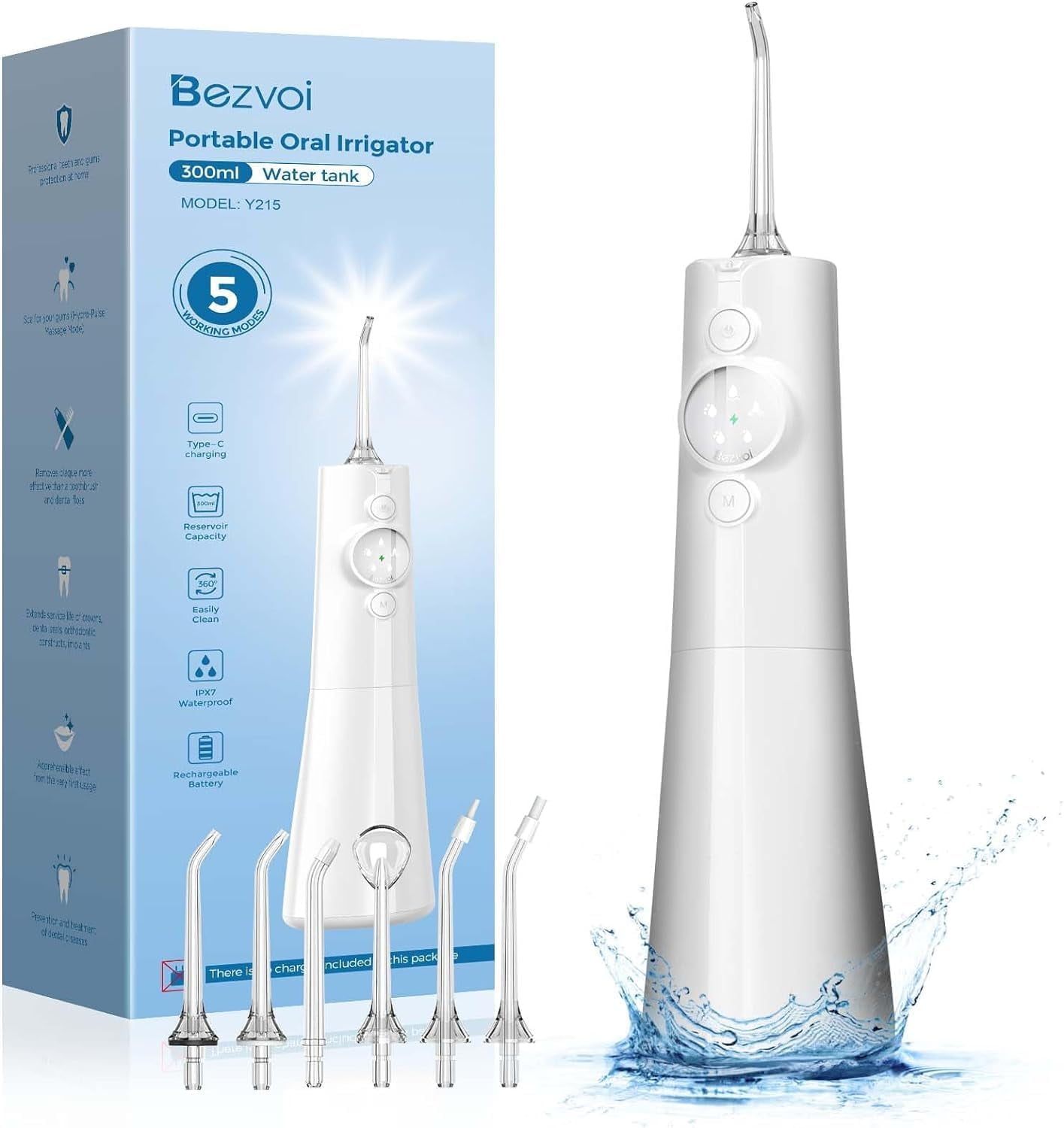 Water Flosser for Teeth Cordless: Professional Oral Irrigator LED Display 5 Modes, 300ML Water Tank, IPX7 Waterproof Electric Tooth Cleaner Picks, Water Floss with 6 Jet Tips for Home Travel