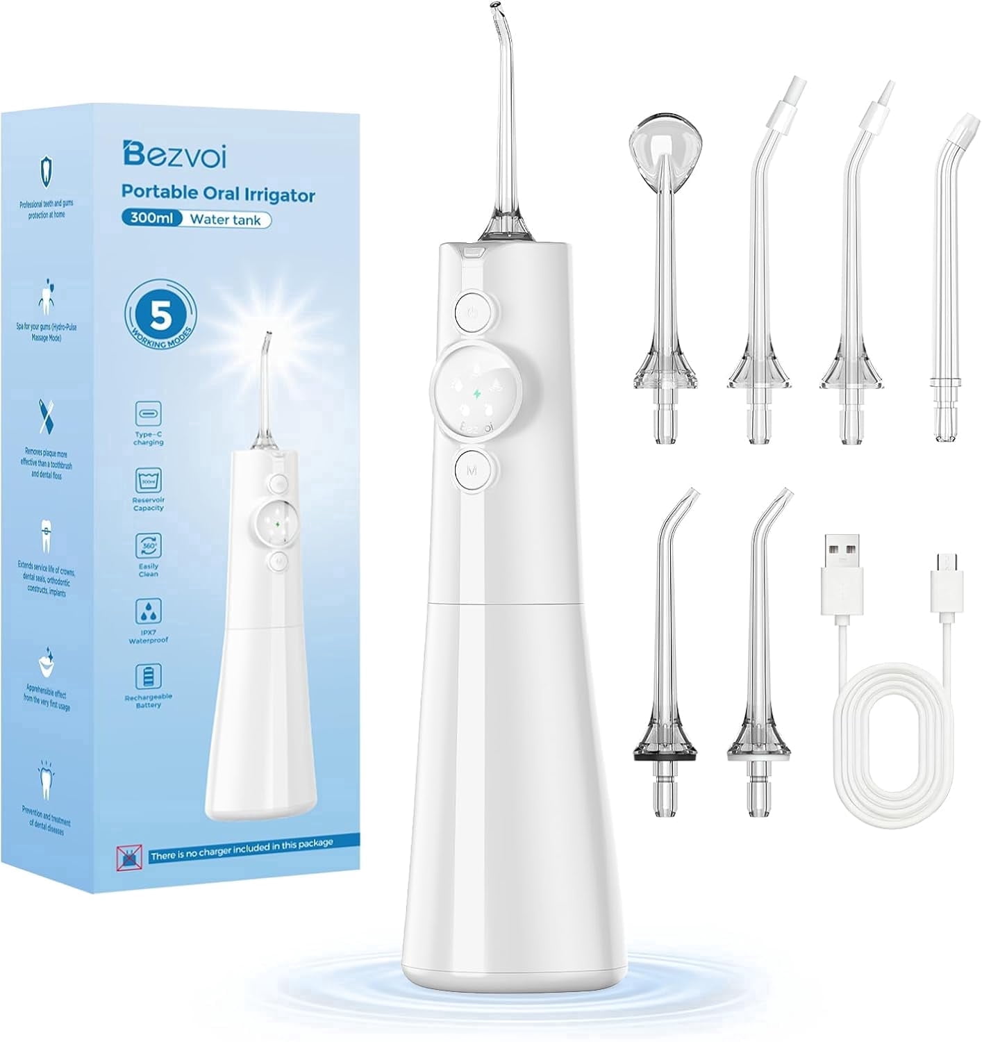 Water Flosser for Teeth Cordless: Professional Oral Irrigator LED Display 5 Modes, 300ML Water Tank, IPX7 Waterproof Electric Tooth Cleaner Picks, Water Floss with 6 Jet Tips for Home Travel