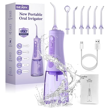 Water Flosser with 350ML Tank,Sejoy Rechargeable Portable Oral Irrigator Teeth Cleaner with 5 Cleaning Modes 6 Jet Tips IPX7 Purple