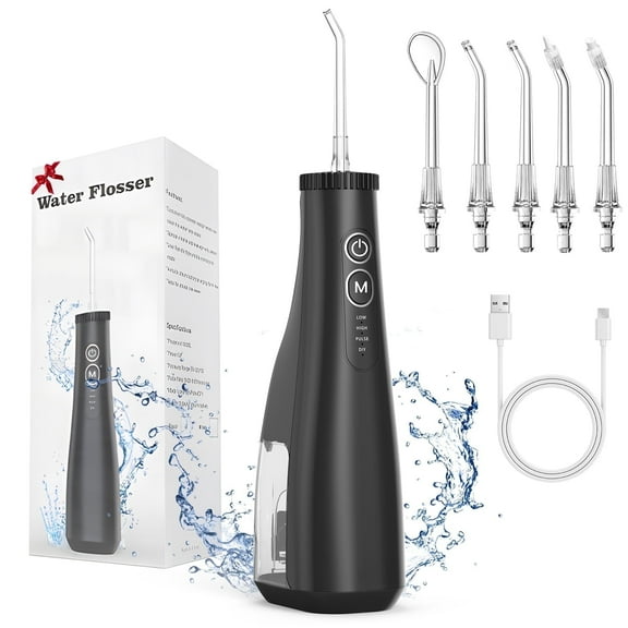 Water Flossers for Teeth - 4 Modes 5 Flossing Tips, Rechargeable Cordless Portable 300ML Larger Tank Waterflosser Cleaner IPX7 Waterproof Floss Cleaning Teeth Pick for Home Travel
