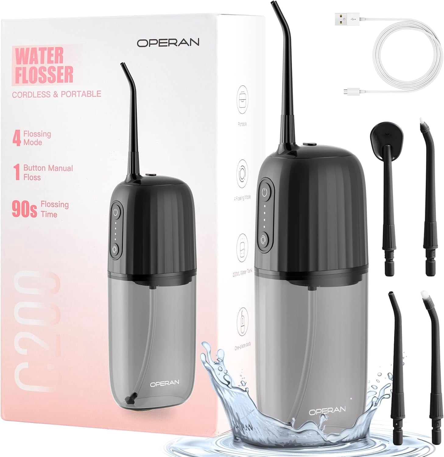 Water Flossers for Teeth Cleaning Upgraded 200ml Cordless Water Dental Flossers Portable Rechargeable Oral Irrigator with 4 Modes 4 Jet Tips IPX7 Waterproof Water Floss for Home Travel (Black)