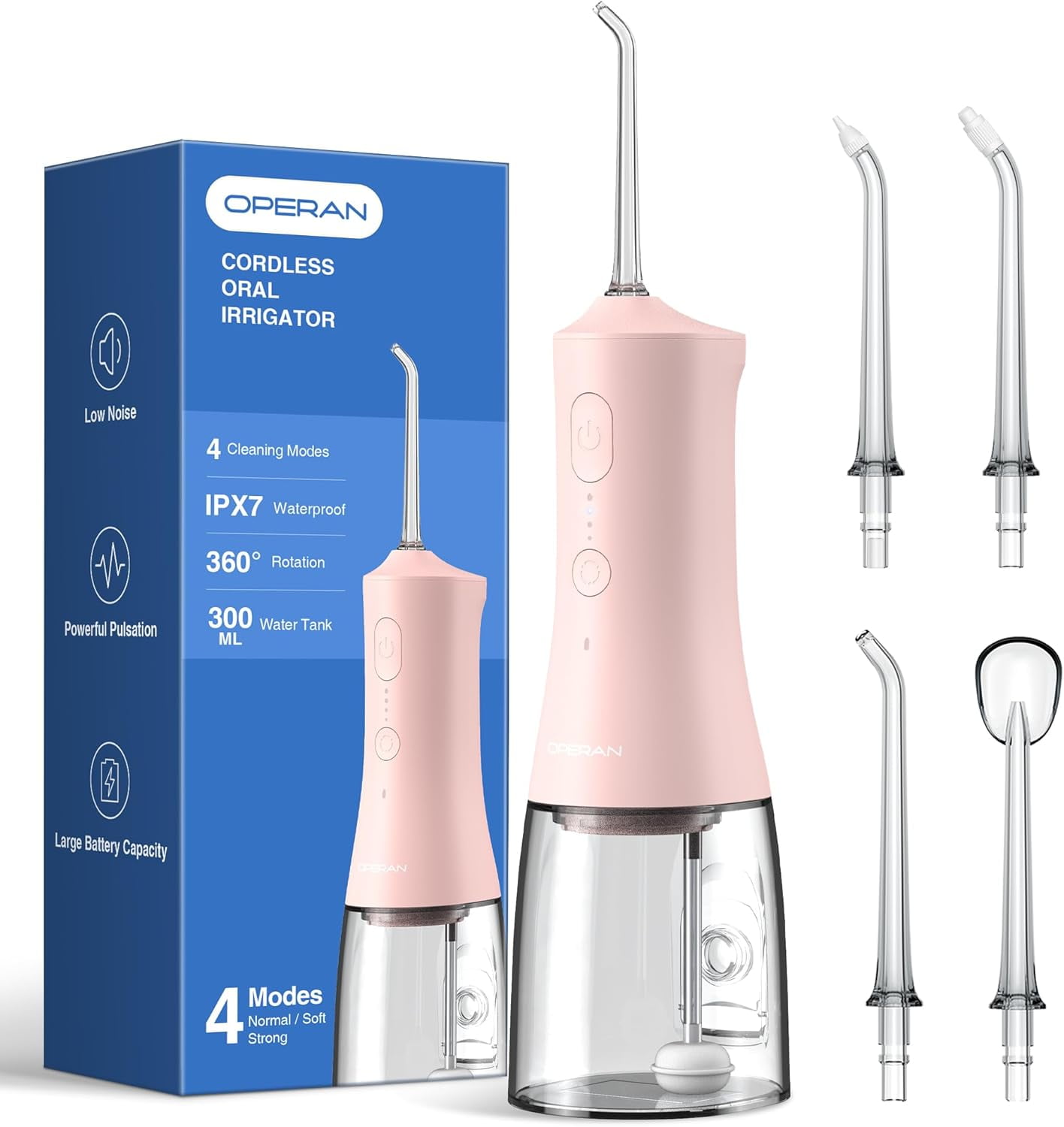 Water Flossers for Teeth, Cordless Portable Water Flossers for Adults Braces, IPX7 Waterproof with 4 Modes, 4 Professional Nozzles, 300ml Tank & 21 Days Runtime for Travel, Pink, 1Pack