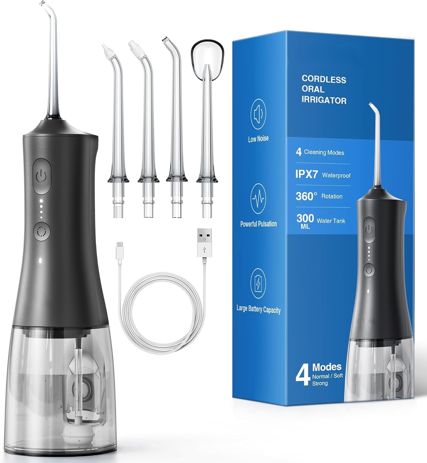 Water Flossers for Teeth, Cordless Portable Water Flossers for Adults Braces, IPX7 Waterproof with 4 Modes, 4 Professional Nozzles, 300ml Tank & 21 Days Runtime for Travel, Black, 1Pack