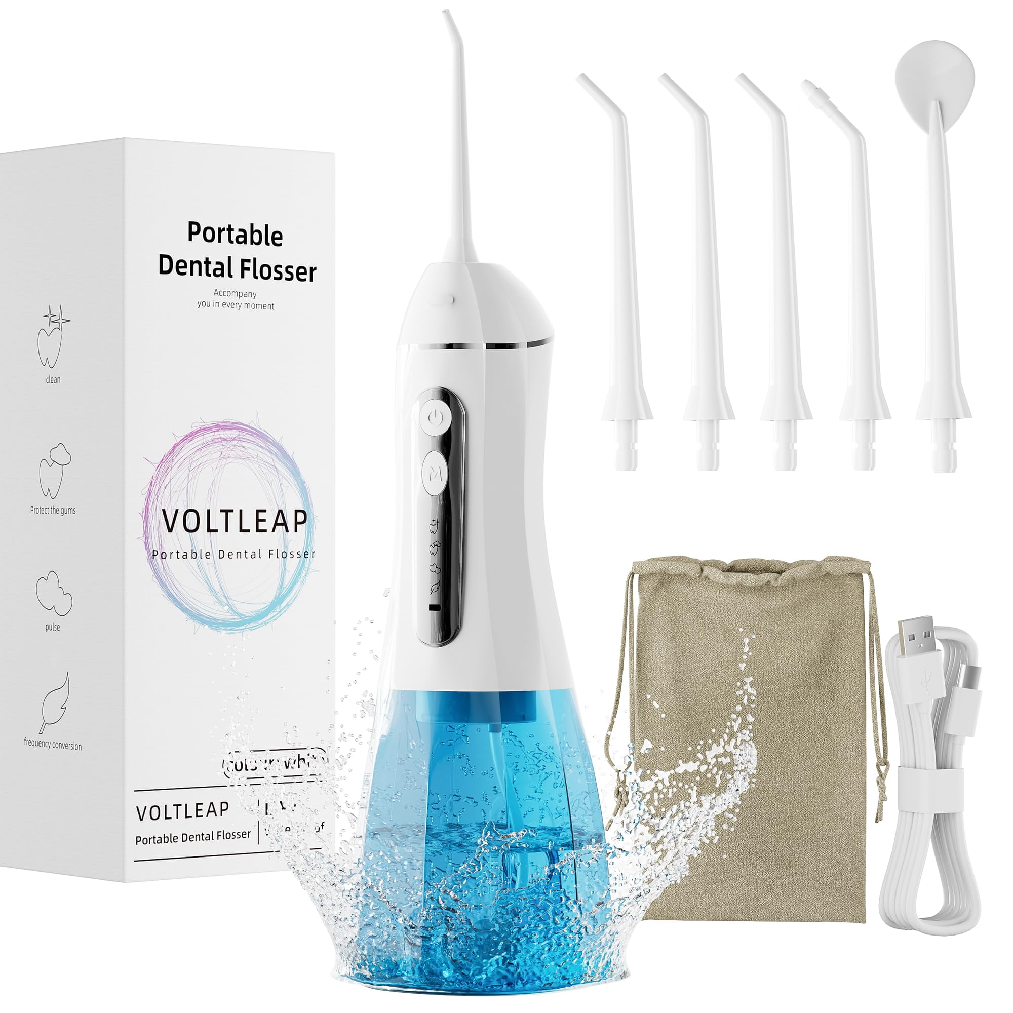 Water Flossers for Teeth, TSF6Electric Floss for Kids Water Dental Picks for Teeth Cleaning and Flossing, Portable Flossers for Travel Size, Travel Bag and 4 Tips, IPX7 Waterproof - White