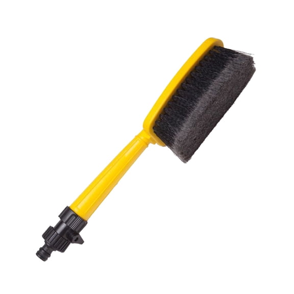 Water Flow Through Car Wash Brush, Connectable to Garden Hose with Adjustable Control Switch, Soft Bristle Cleaning Brush for Tire, Wheel, Rim, Vehicle Exterior Detailing, Yellow Long Handle Scrubber
