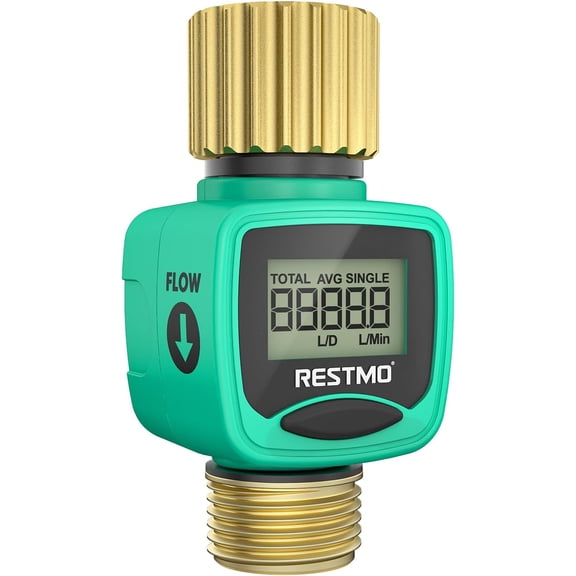 Water Flow Meter with Brass Inlet & Outlet, Measure Gallon/Liter Consumption and Flow Rate for Outdoor Garden Hose Watering, RV Water Tank Filling, Lawn Sprinkler and Nozzle Sprayer