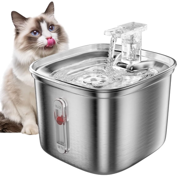 Water Fountain, 74.4oz/2.2L Stainless Steel  Fountain for Drinking with Waterfall Effluent, Silent Pet Drinking Dispenser with Float Water Level for Small