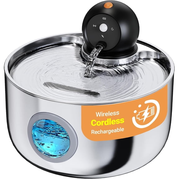 Water Fountain Cordless: Stainless Steel Fountains for Drinking - 88oz/2.6L Operated Pet Water Fountain Indoor with Motion Sensor - Rechargeable Automatic Water Dispenser