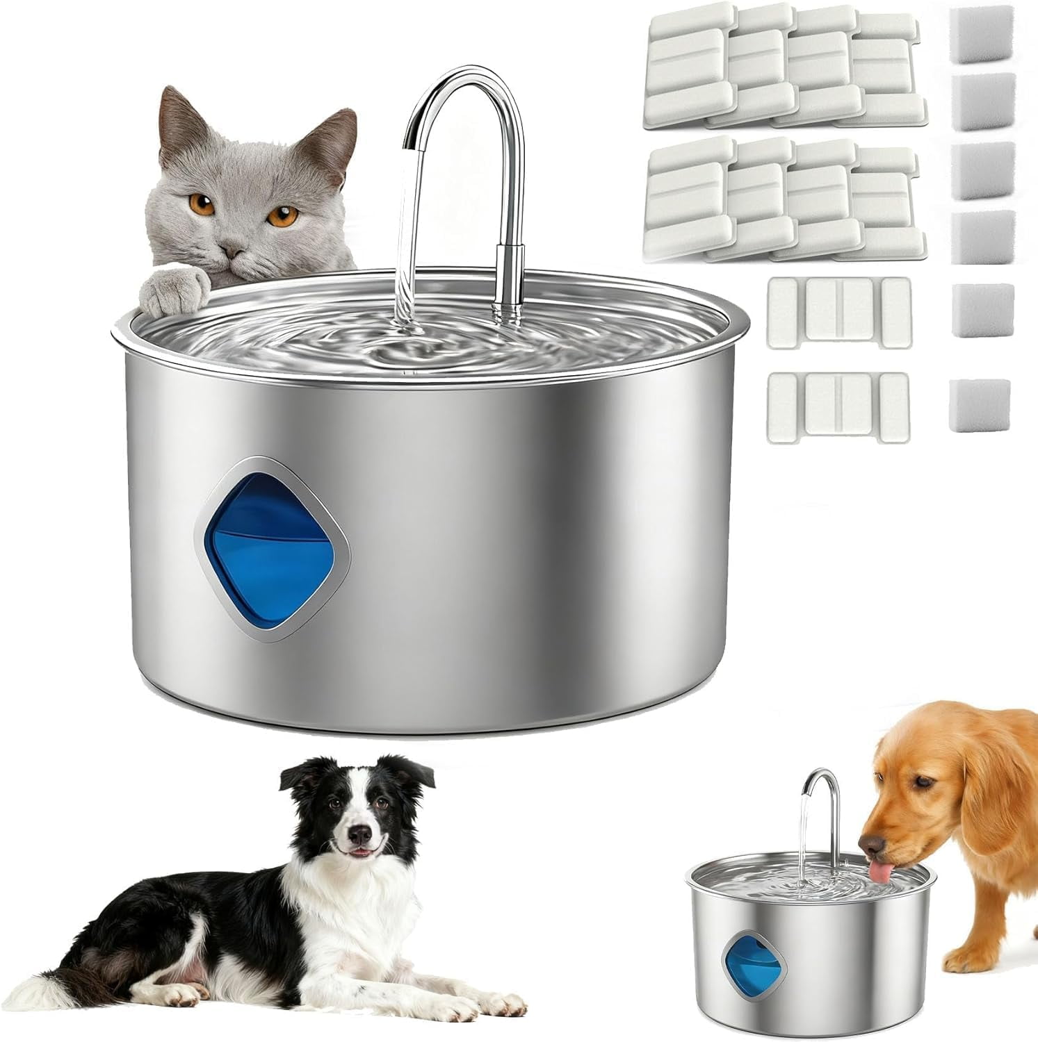 Water Fountain for Dogs, 108oz/3.2L Automatic Pet Drinking Water Dispenser, Stainless Steel Cat Water Bowl with Replacement Filters, Multi-Filtration, Ultra-Quiet Pump