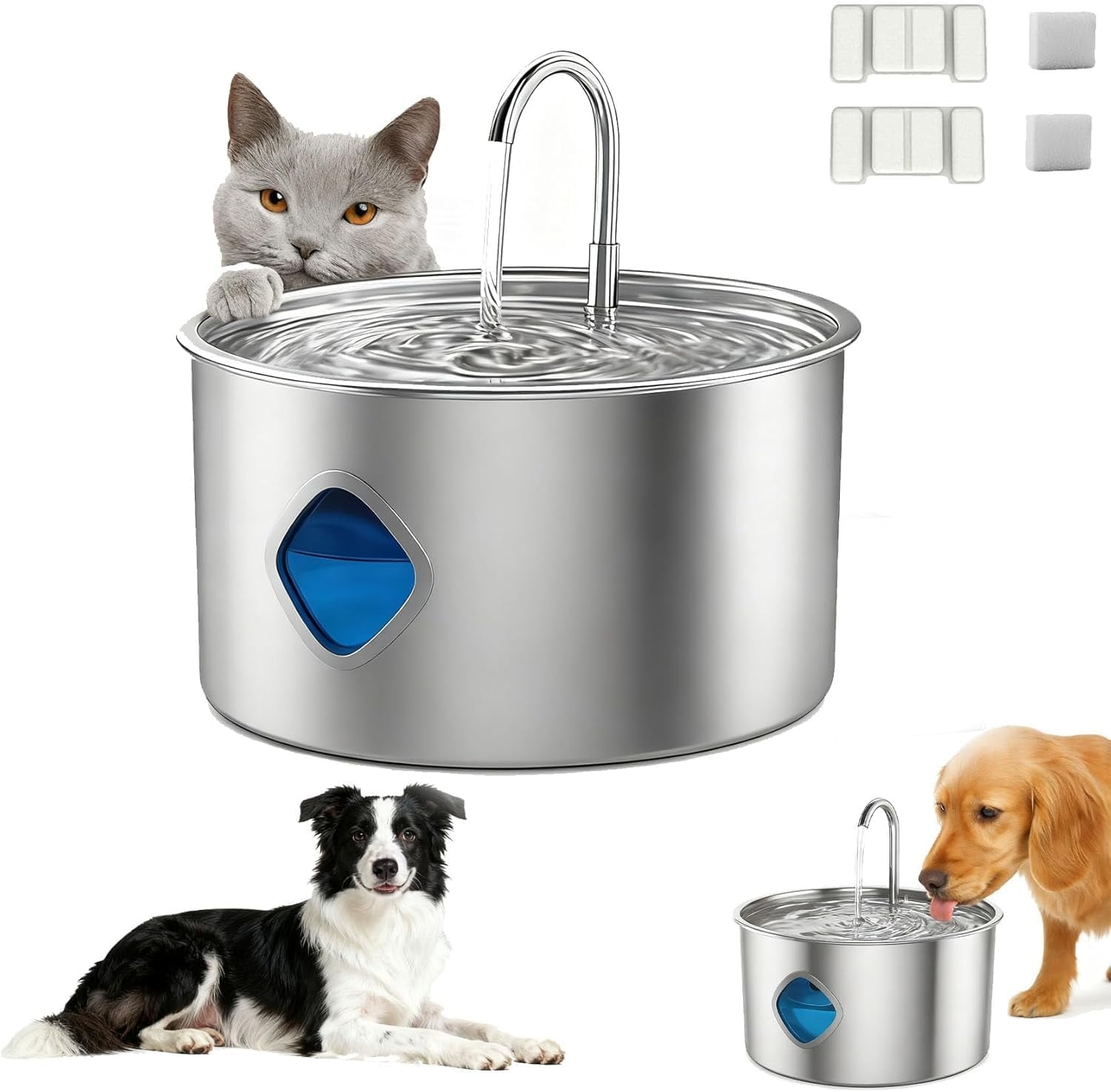 Water Fountain for Dogs, 108oz/3.2L Automatic Pet Drinking Water Dispenser, Stainless Steel Cat Water Bowl with Replacement Filters, Multi-Filtration, Ultra-Quiet Pump