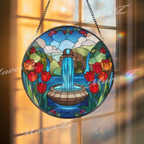 Water Fountain Glass Suncatcher, Round Garden Window Panel With Red Tulips And Blue Stream, Nature Landscape Home Decor, Suncatcher Window Hanging, 3.5 in