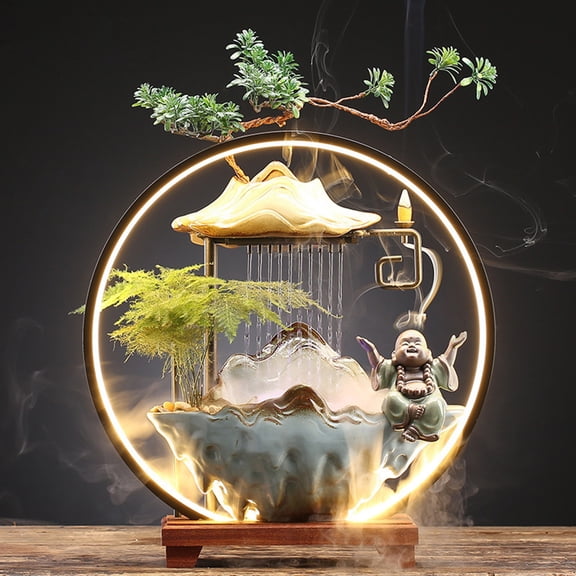 Water Fountain Indoor Zen Decor, with Mist LED Light and Back flow Incense Holder USB Feng Shui Meditation Wealth Desk Fountain for Office Living Room