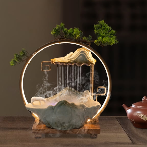 Water Fountain LED Tabletop Indoor Fake Plants Waterfall Zen Decor With Mist Green for Living Room, Bedroom