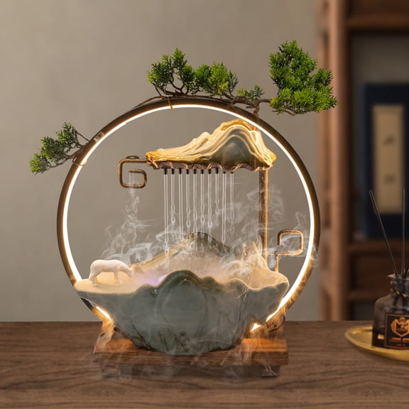 Water Fountain LED Tabletop Indoor Fake Plants Waterfall with Mist, Feng Shui Rockery Zen Decor