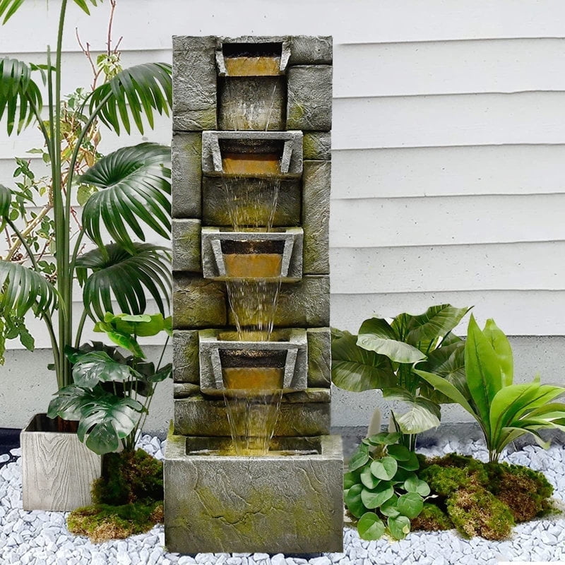 Water Fountain Outdoor Modern Waterfalls Garden Fountains with Lights for Garden, Patio, Backyard, Deck, Porch and Home Art Decor
