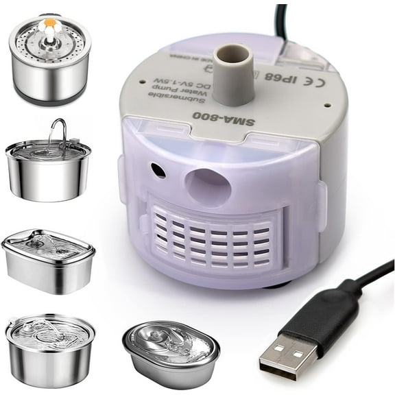 Water Fountain Pump for Stainless Steel Cat Drinking Fountain, Ultra Quiet Long Lifespan Replacement Round Pump with USB Cable, LED Lights