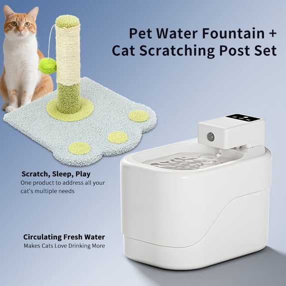 Water Fountain + Scratching Tower for Pet Cats Dogs, Automatic Water Dispenser 2L Capacity Super Mute Low Noise