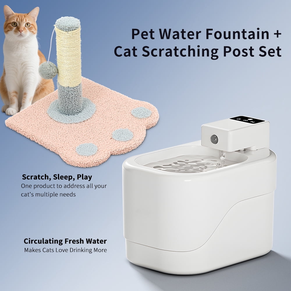 Water Fountain + Scratching Tower for Pet Cats Dogs, Automatic Water Dispenser 2L Capacity Super Mute Low Noise
