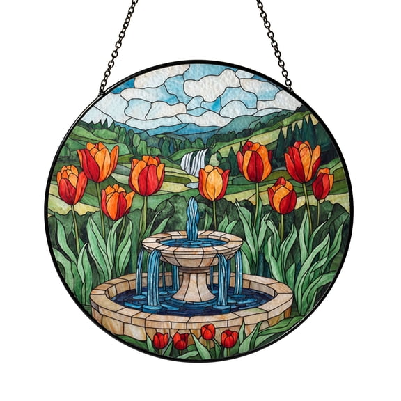 Water Fountain Stained Glass Suncatcher – Garden Window Panel with Red Tulips and Blue Stream, Serene Nature Landscape Decor