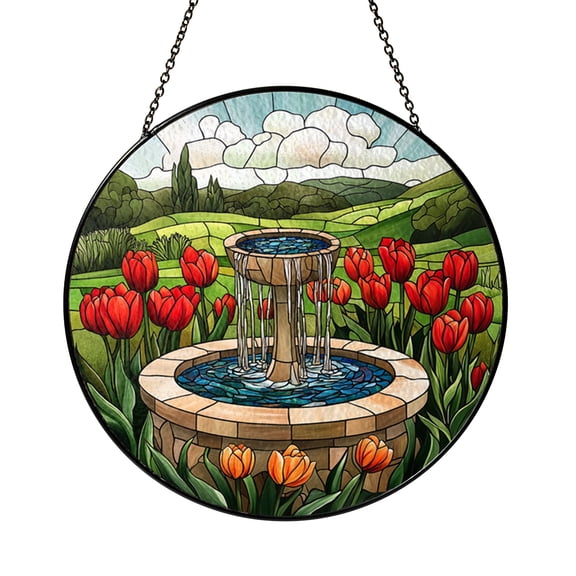 Water Fountain Stained Glass Suncatcher, Round Garden Window Panel with Red Tulips and Flowing Stream, Nature Home Decor