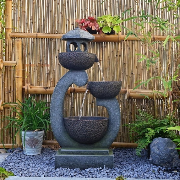 Water Fountain Tranquil Zen Pagoda Waterfalls Fountains Bowl with LED Lights for Patio Yard Porch Pool Decor