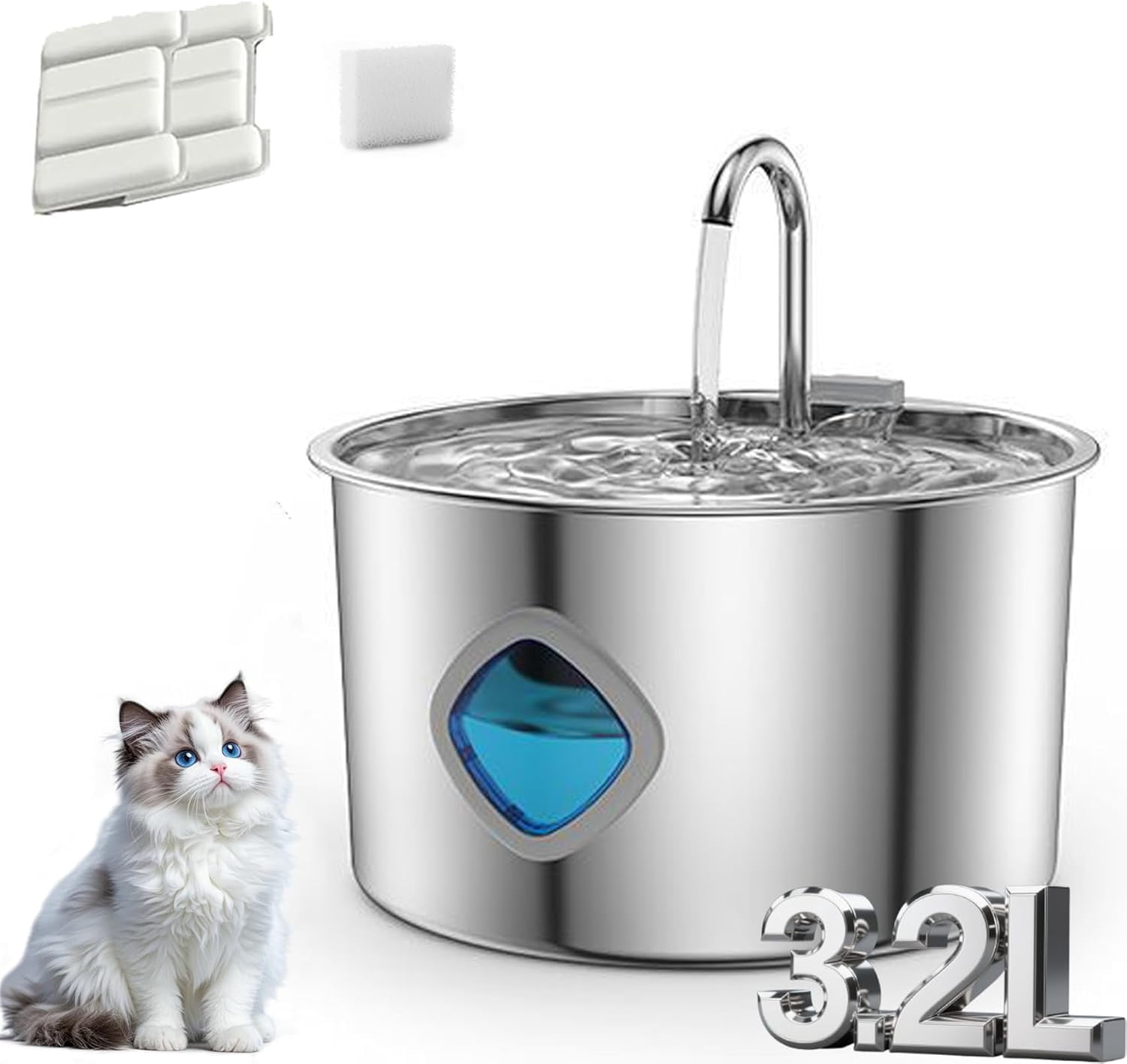 Water Fountain for Cats & Dogs, 2025 Upgraded Pawira Cat Fountain for Small Dogs, Large Capacity of 3.2l (108 Fl Oz), Natural Circulation Filtration