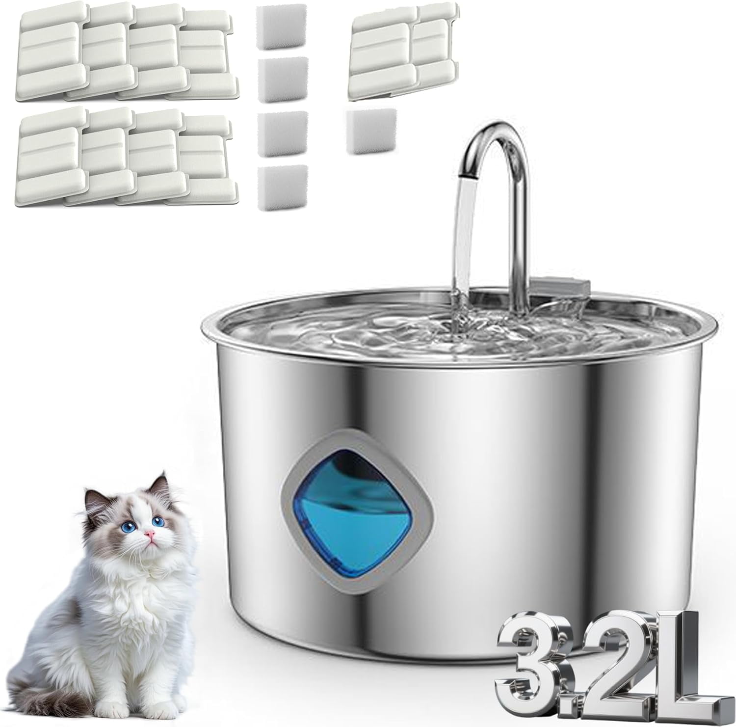 Water Fountain for Cats & Dogs, 2025 Upgraded Pawira Cat Fountain for Small Dogs, Large Capacity of 3.2l (108 Fl Oz), Natural Circulation Filtration