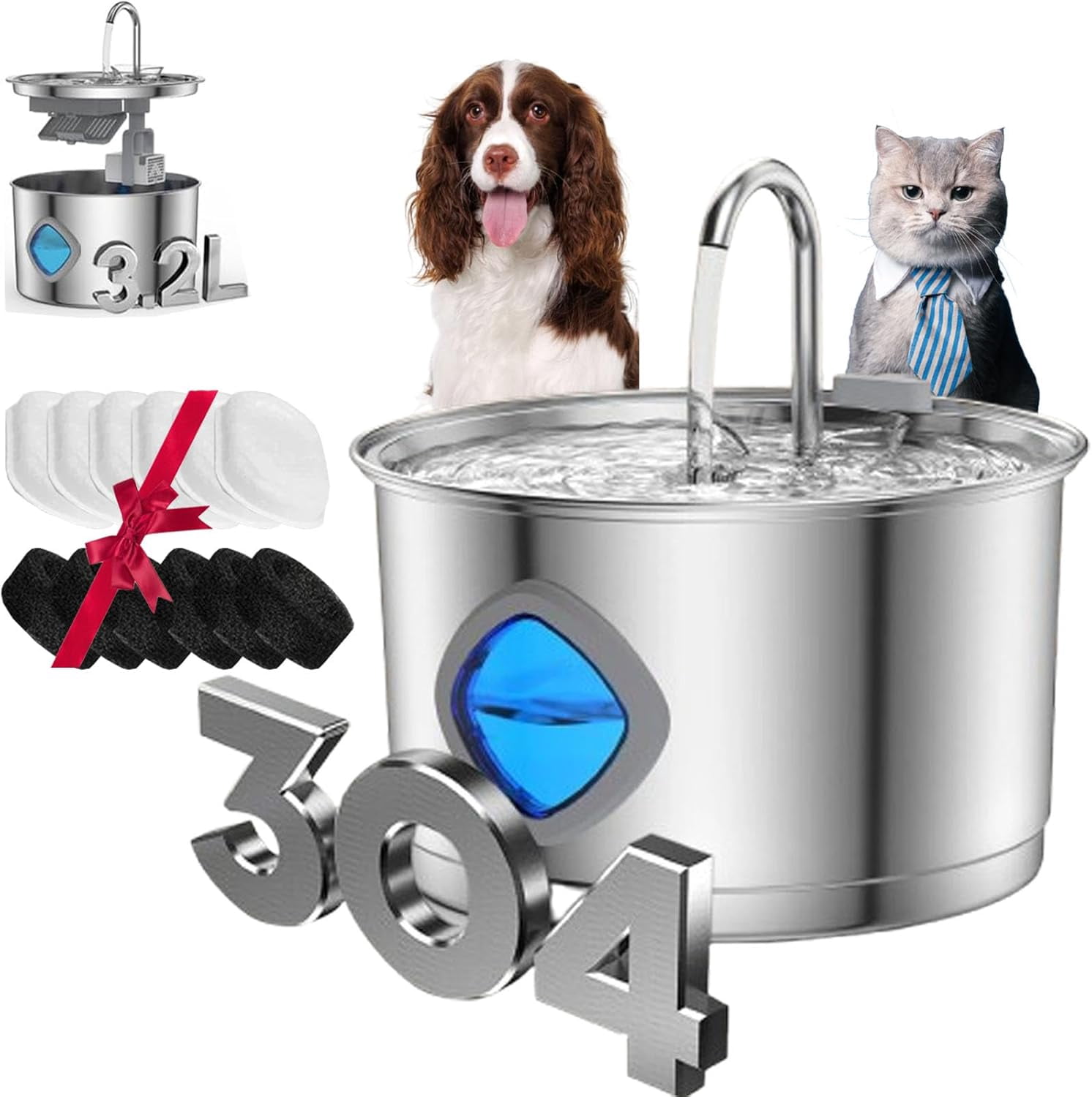 Water Fountain for Dogs, 108oz/3.2L Automatic Stainless Steel Pet Water Dispenser with Filters, Ultra Quiet Pump