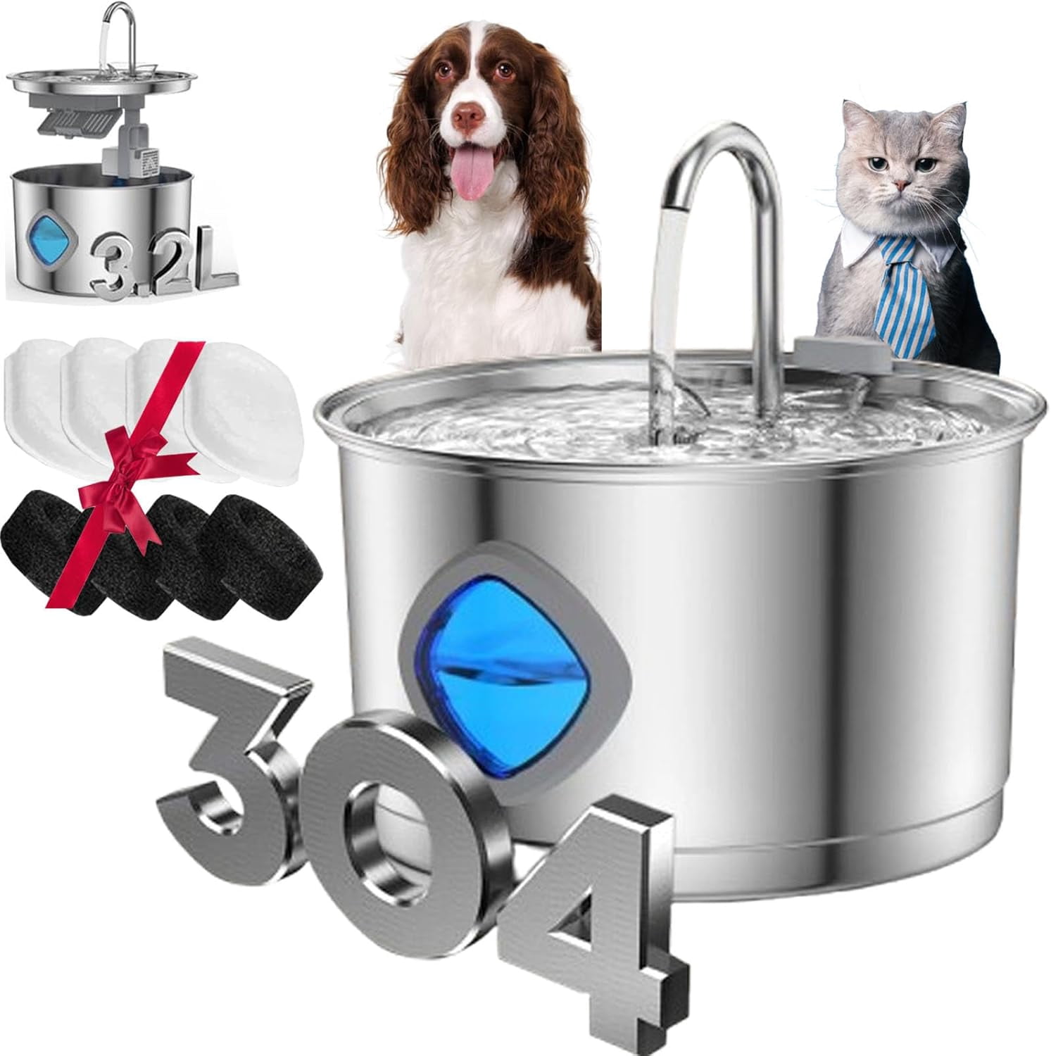 Water Fountain for Dogs, 108oz/3.2L Automatic Stainless Steel Pet Water Dispenser with Filters, Ultra Quiet Pump