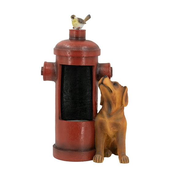 Water Fountains 16.2x11x26.8" Red Fire Hydrant Water Fountain with Dog and Bird Accents, Outdoor Fountian with Light and Pump,Outdoor Water Fountains