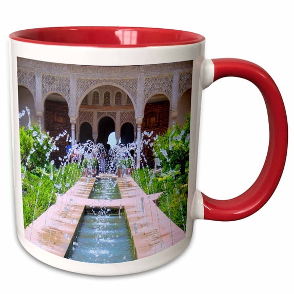 3drose, Water Fountains at Alhambra Palace Gardens in Grenada Spain - Islamic Turkish Muslim Fretwork Arches, 11oz Two-tone Red Mug