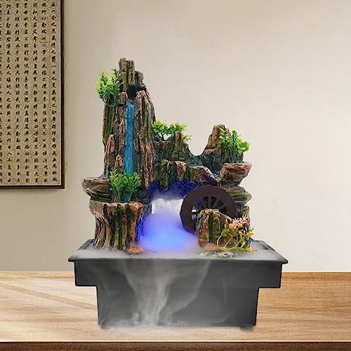 Water Fountains Indoor, Indoor Waterfall Fountain with LED Lights & Atomizer, Desktop Mini Rockery Crafts Indoor Relaxation Desktop Fountain Suitable for Living Room and Office
