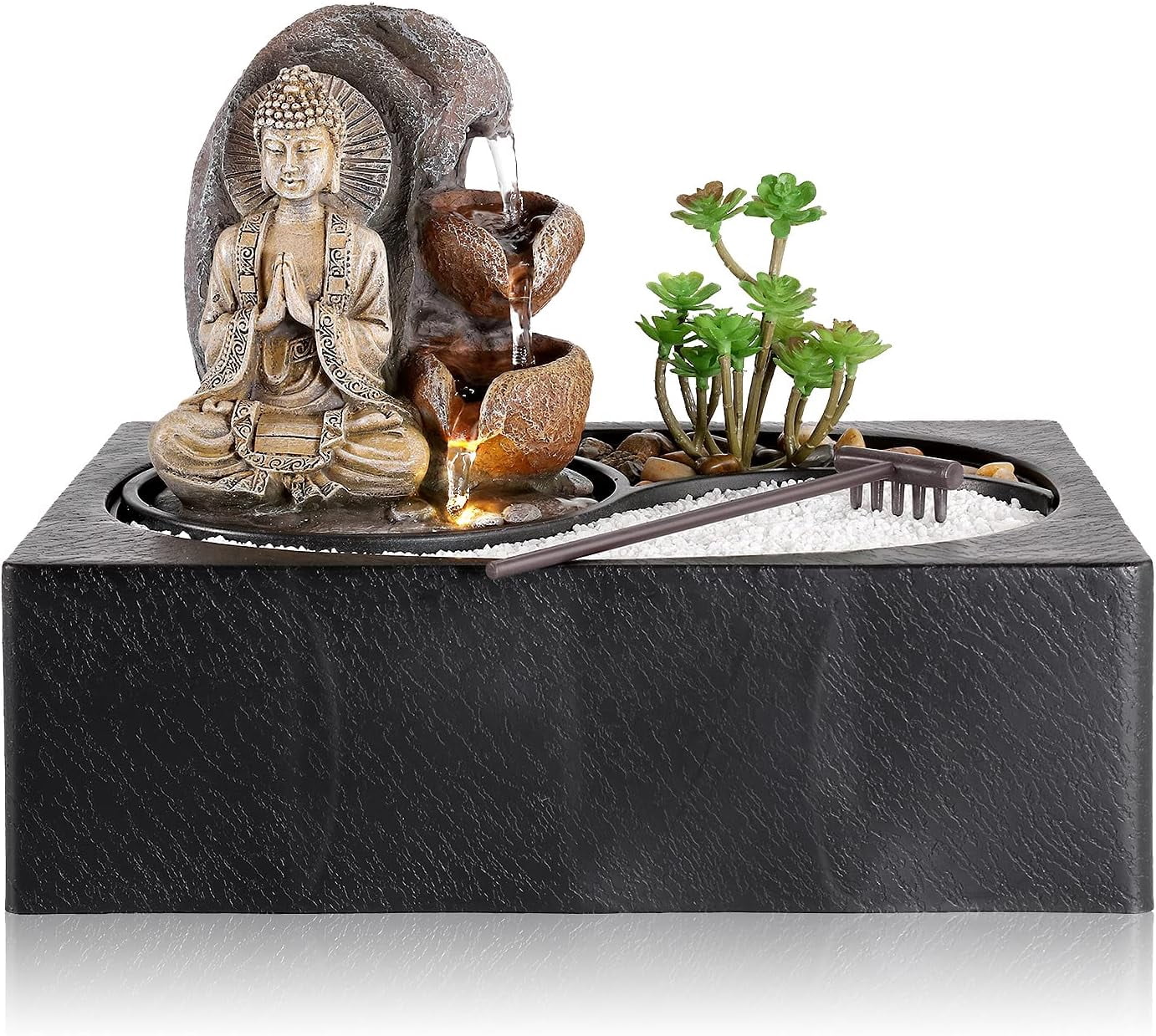 Water Fountain - Indoor Small Tabletop Waterfall with Zen Garden, LED ...