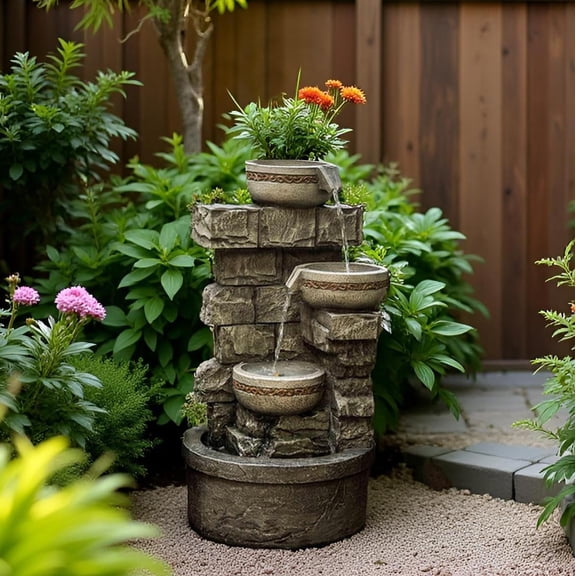 Water Fountian Outdoor - 3 Tiered Bowls Floor Stacked Stone Pump Waterfall Fountain,Provide Flowing Water Feature for Outside Garden,Backyard,Lawn,27 Inch Tall$$Garden & Patio