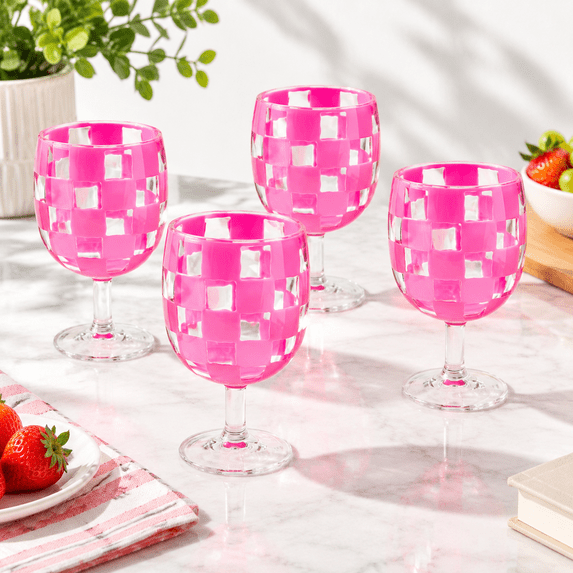 Pink Place Setting Water Goblet Set with Pink Check Pattern, Stemmed Drinking Glasses for ...