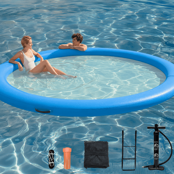 Water Hammock Inflatable Sunchill Float Ring with Mesh Design, Heavy Duty Inflatable Raft Float Ring Platform ,Hammock Pool Float for Ocean, Lake, Swimming Pool, 12FT