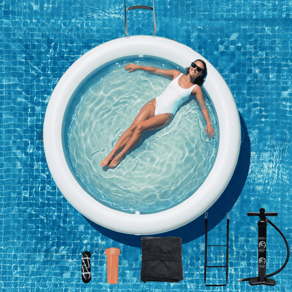 Water Hammock Inflatable Sunchill Float Ring with Mesh Design, Heavy Duty Inflatable Raft Float Ring Platform ,Hammock Pool Float for Ocean, Lake, Swimming Pool, 8FT