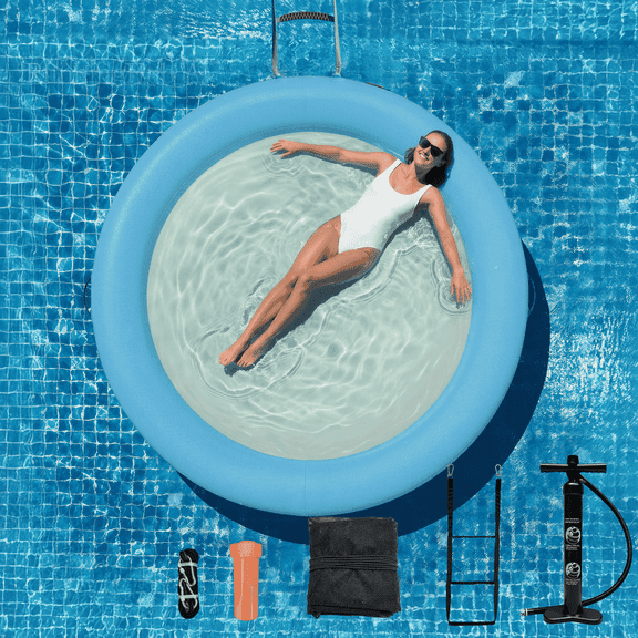 Water Hammock Inflatable Sunchill Float Ring with Mesh Design, Heavy Duty Inflatable Raft Float Ring Platform ,Hammock Pool Float for Ocean, Lake, Swimming Pool, 8FT