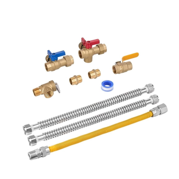 Water Heater Kit, 3/4 Inch Cold & Hot Water Plumbing Repair Kit with 600 WOG Isolation Valves, Pressure Relief Valve, Ball Valve, Gas Hose, Compatible with Most Tankless Waters Heater Brands