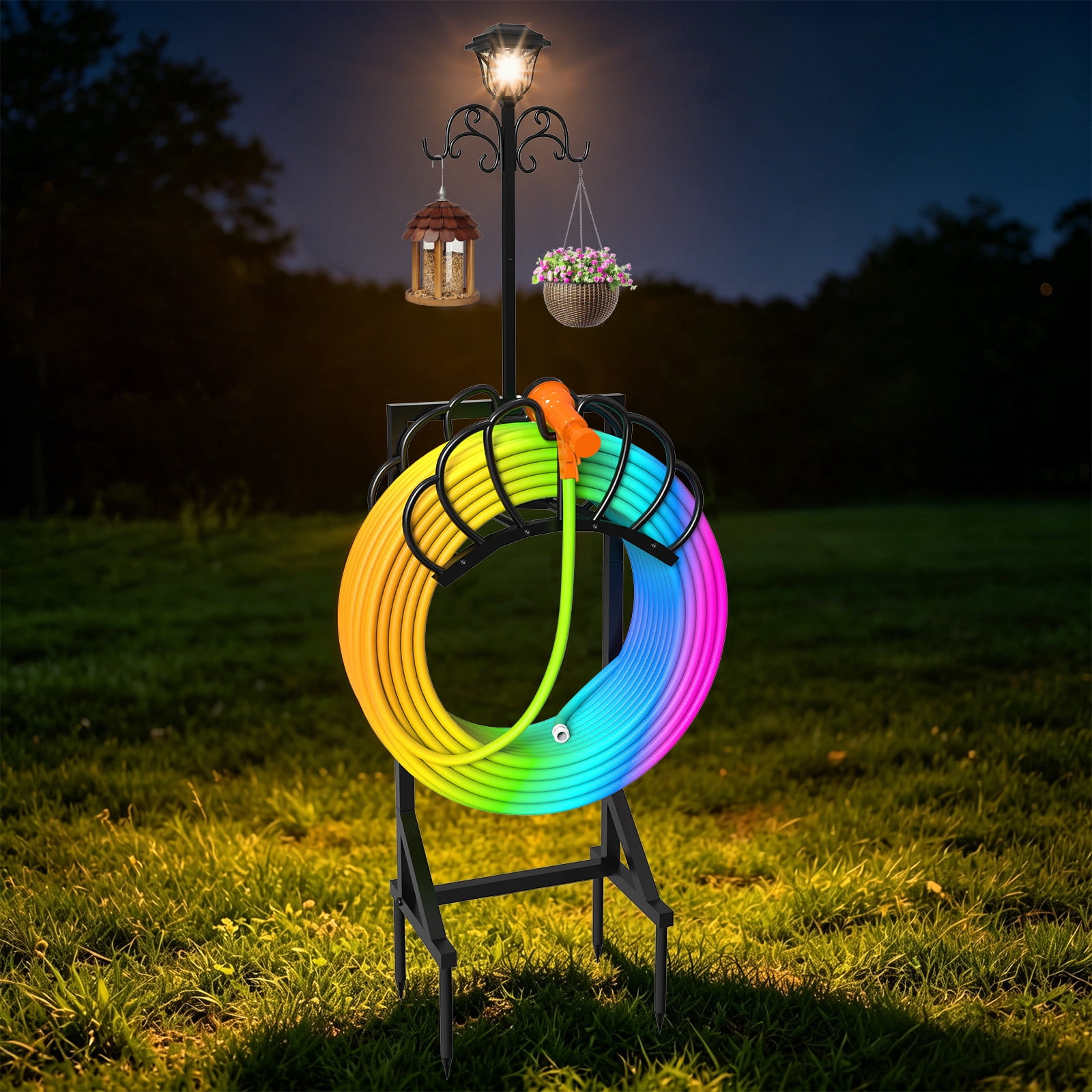 Yacona Garden Hose Holder with Light, Water Hose Holders for Outside with Shepherds Hooks, Freestanding Water Pipe Stand, Black
