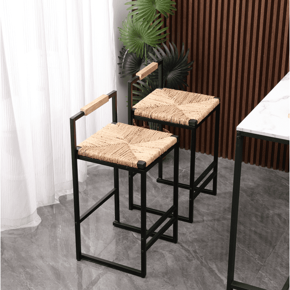 Water Hyacinth Bar Stools Set of 2 with Back Support Counter Height