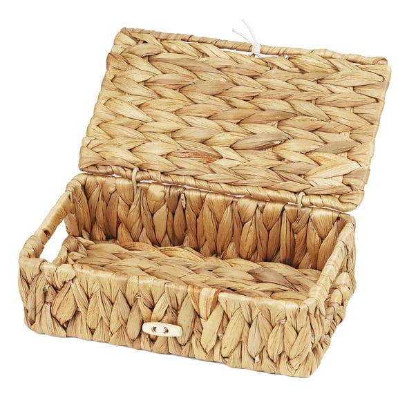 Water Hyacinth Baskets for Organizing, Rectangular Wicker Basket with Lid, Storage Baskets Bins with Built-in Handles for Shelf, Decorative Woven Basket Boxes for Storage Home Organizer Decor