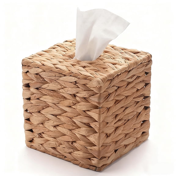 Water Hyacinth Handwoven Tissue Box Cover, Natural Handmade Wicker Napkin Box Holder, Handcrafted Square Facial Tissue, Rustic Decorative on Table and Bathroom, Office, Boho Decorative
