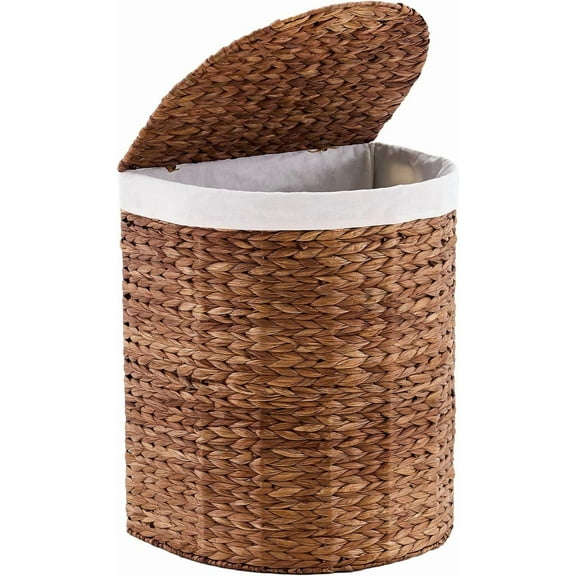 Water Hyacinth Laundry Hamper with lid, Half Moon Shape with 2 Removable Cloth Bags, Handwoven Boho Wicker Basket for Laundry Organization, Espresso