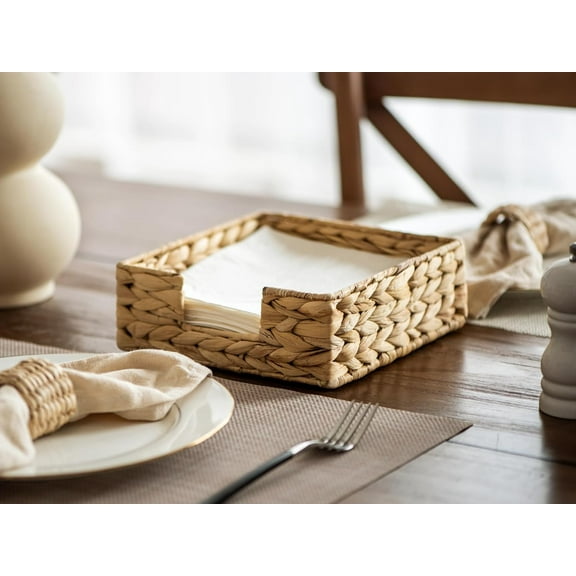 Water Hyacinth Napkin Holder, Rattan Napkin Holders for Table, Wicker Baskets and Serving Tray for Paper, Kitchen, Dinner, 7.8" x 7.8" x 2.6", Square