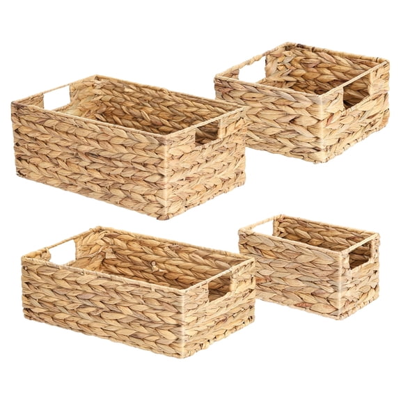 Water Hyacinth Pantry Baskets for Organizing, Set of 4 HandWoven Rectangular Wicker Storage Baskets Builtin Handles, Decorative Woven Organizer Bins for Shelves, Kitchen, Bedroom, Countertop