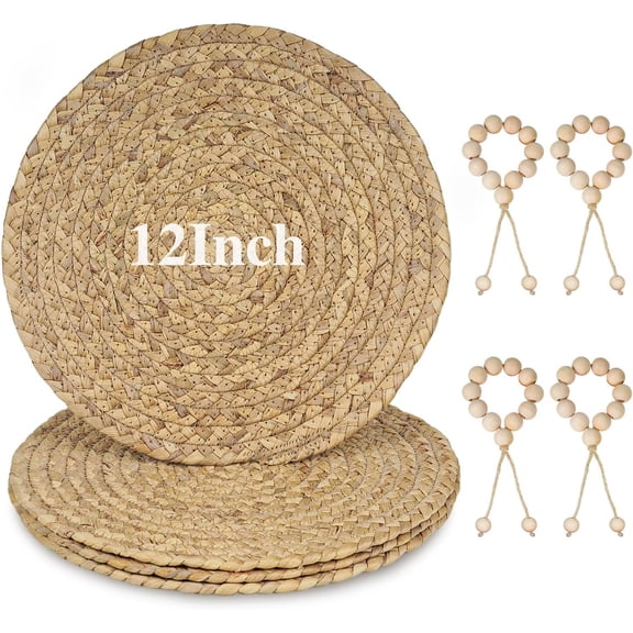 Water Hyacinth Placemats Set of 4 with Wood Bead Napkin Rings, Handwoven Natural Woven Table Mats for Dining Table, 12 Inch Round Boho Farmhouse Placemats, Heat Resistant Rustic Table Decor